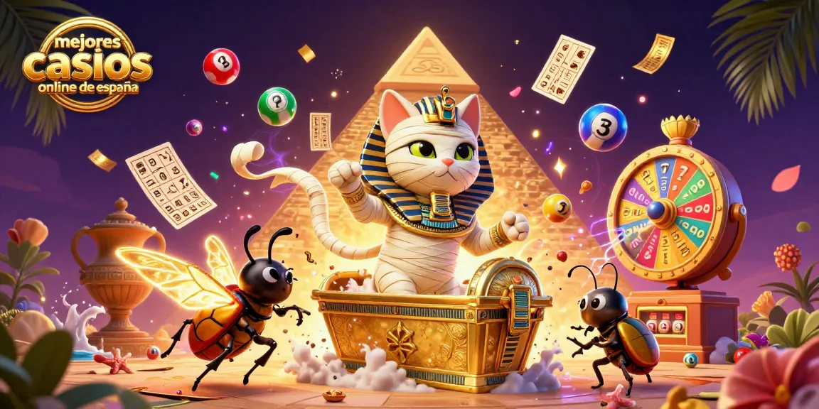 Mejores casinos online de España: Mummy cat y escarabajo en un casino egipcio con juegos vibrantes.