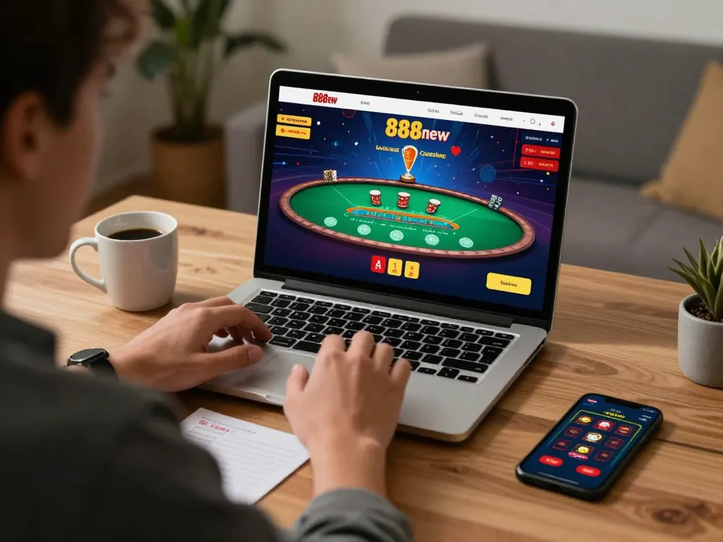 Player enjoying an online blackjack game on 888new platform in cozy home office setting.