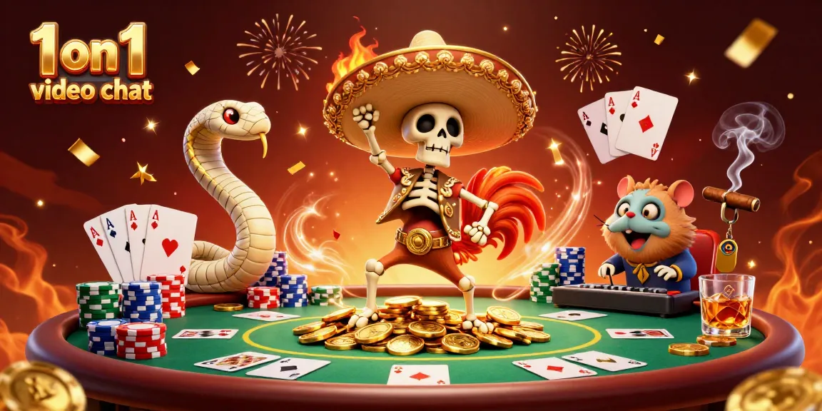 Engage in a lively 1 on 1 video chat amidst vibrant gaming elements in a festival-themed scene.