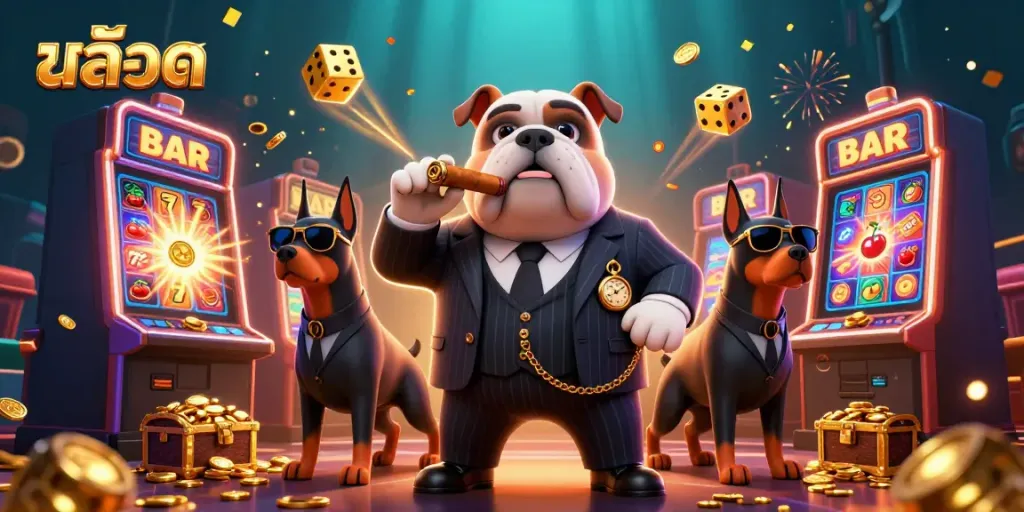 Spin jackpot slots with the mafia bulldog boss and bodyguard Dobermans in a dynamic casino scene.
