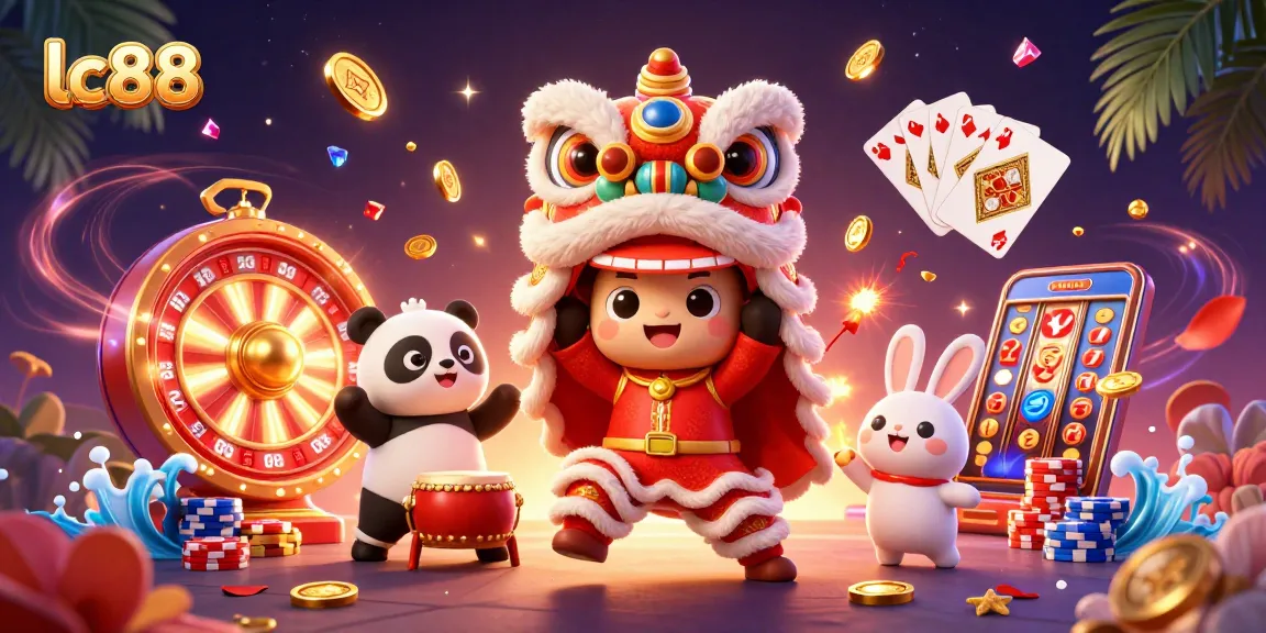 Win big at lc88 with vibrant characters celebrating amidst golden coins and dazzling casino games.