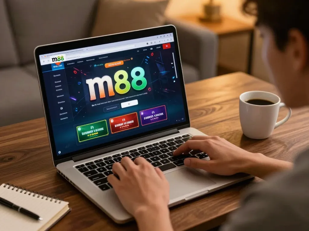 Tham gia với giao diện casino liên kết m88 trên laptop trong một không gian ấm cúng tại nhà, ghi lại cảm giác hồi hộp của trò chơi cờ bạc trực tuyến.