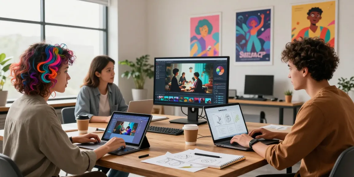 Creating innovative videos with Seedance AI in a diverse studio environment, showcasing collaboration and creativity.