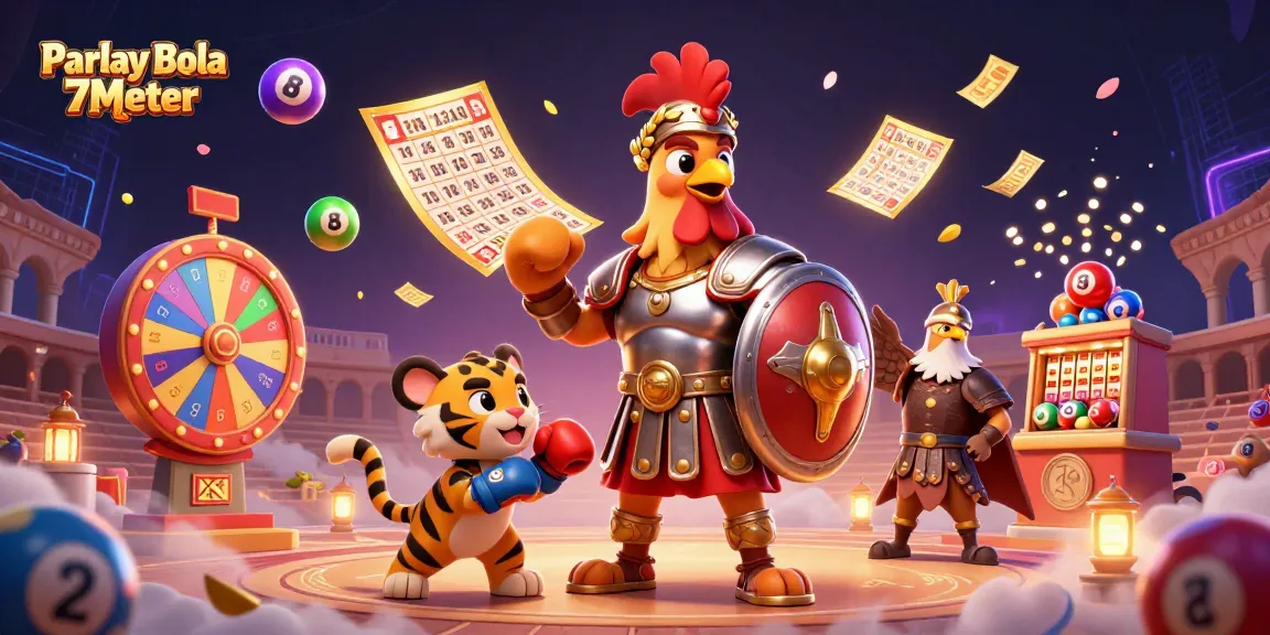 Parlay Bola 7Meter showcases a vibrant scene of a gladiator rooster and gaming elements in a colosseum.