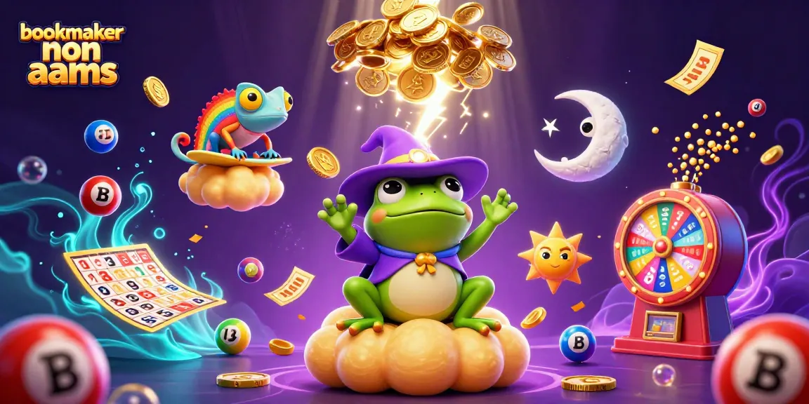 Scopri il mondo dei bookmaker non AAMS con simboli di gioco e fortuna in un'illustrazione vibrante.
