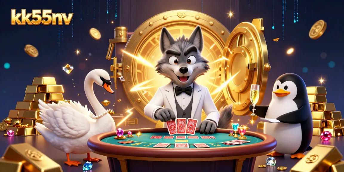 kk55nv showcases a vibrant baccarat scene with a debonair wolf and elegant swan dealing cards.