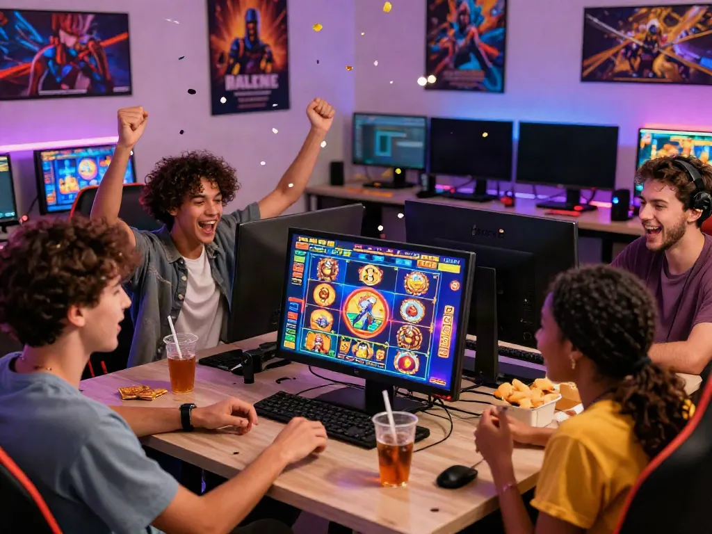 Friends joyfully engaging in a lively slot game, celebrating wins in a colorful gaming setup.
