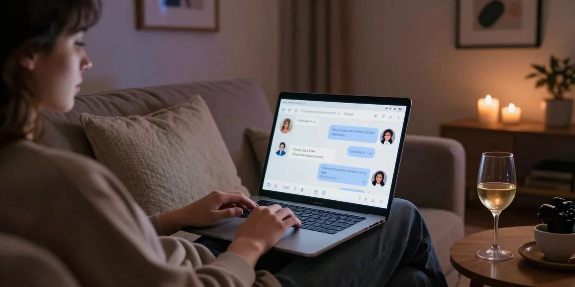 AI NSFW chat scene with user engaging on laptop in intimate setting surrounded by cozy decor.