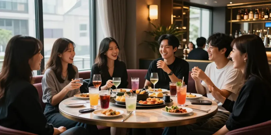 강남구구단 쩜오의 고급스러운 독립 룸에서 친구들이 즐거운 시간을 보내는 모습입니다.