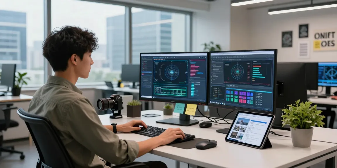 AI detector analysis results displayed on multiple monitors in a modern tech workspace.