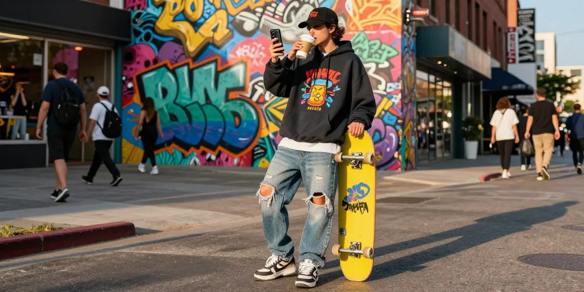 Rokok88 streetwear style captured in vibrant urban scene with fashionable youth.