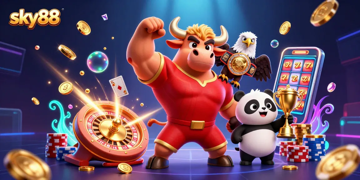 Experience thrilling gaming at sky88 with vibrant characters, golden coins, and dynamic casino elements.