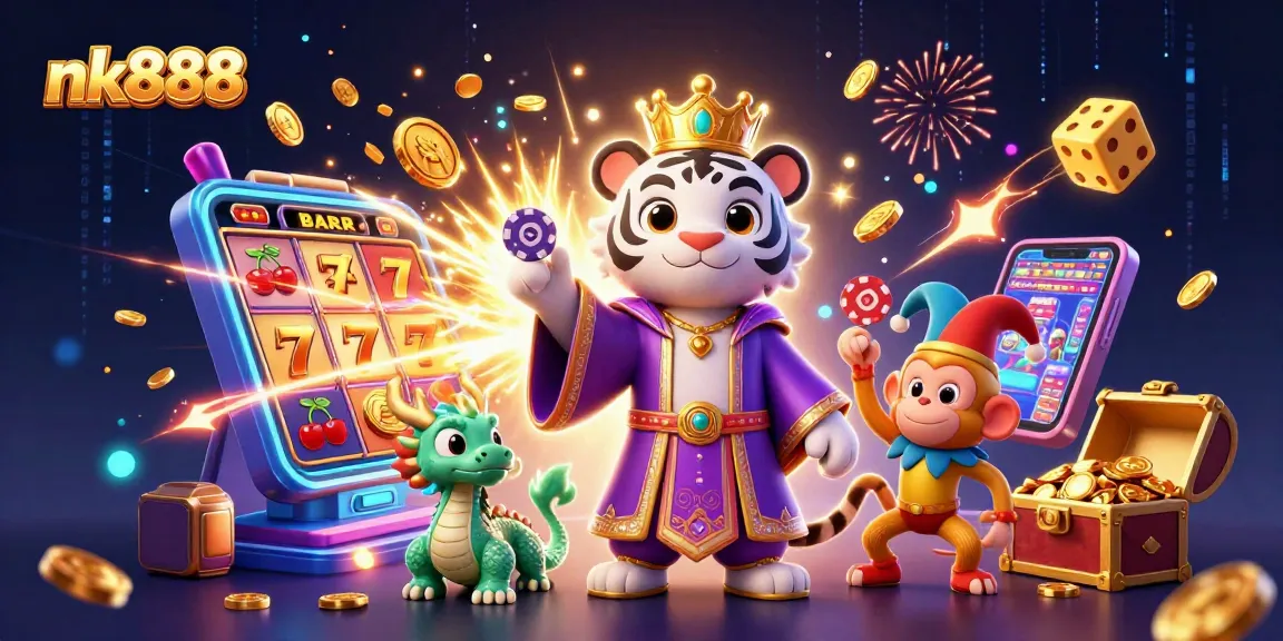 Experience the thrills of nk888 with a lavish casino scene featuring vibrant gaming elements and lively characters.