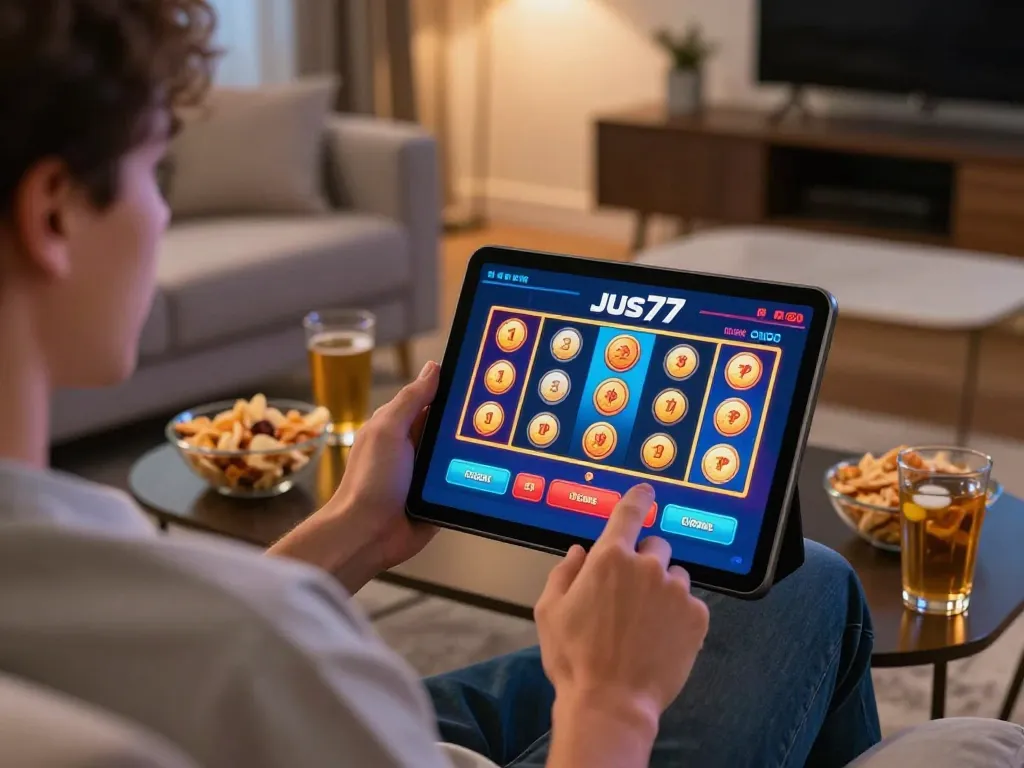 Player enjoying online slots on jus77 app in modern home setting with warm lighting.