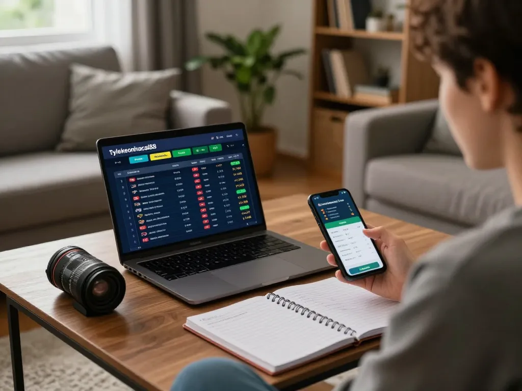 An individual strategizing online sports bets on the tylekeonhacai88 platform, with focus on their engaged expression and betting tools.