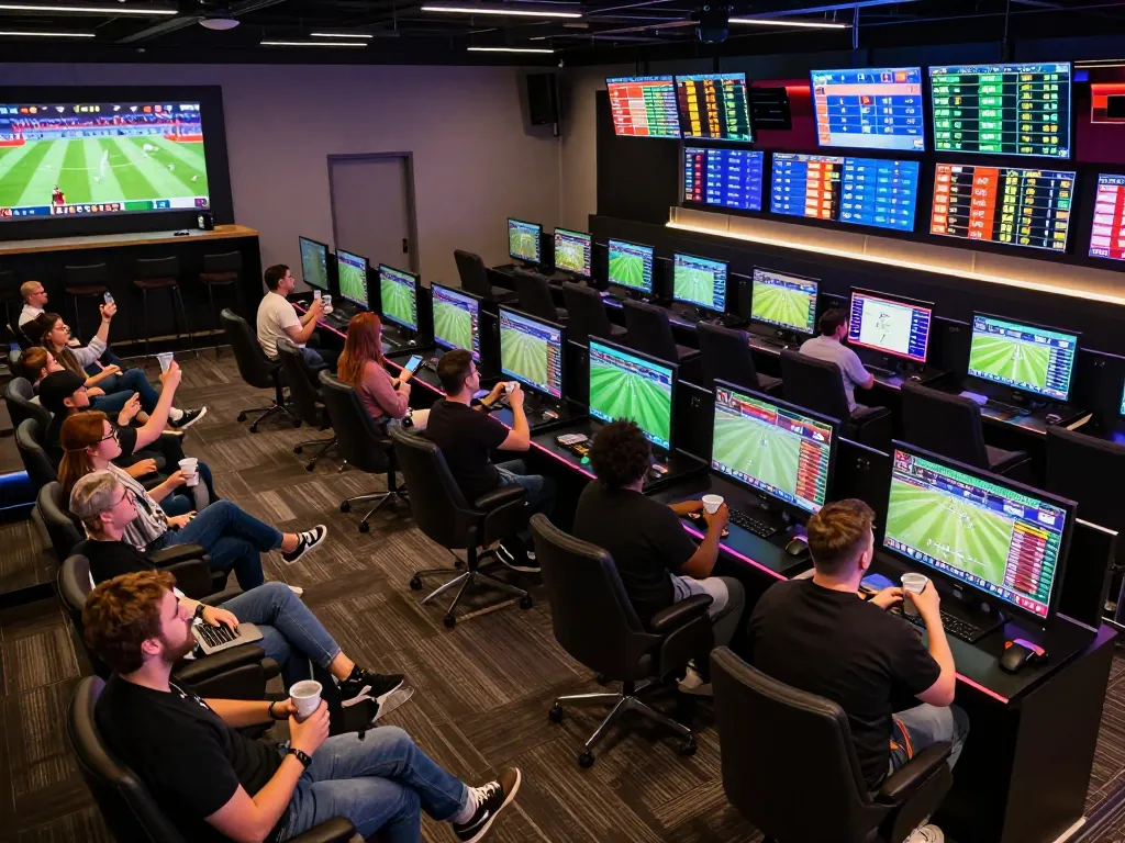 Fans engaging with keobongda during live sports betting event, showcasing immersive atmosphere and screen odds.
