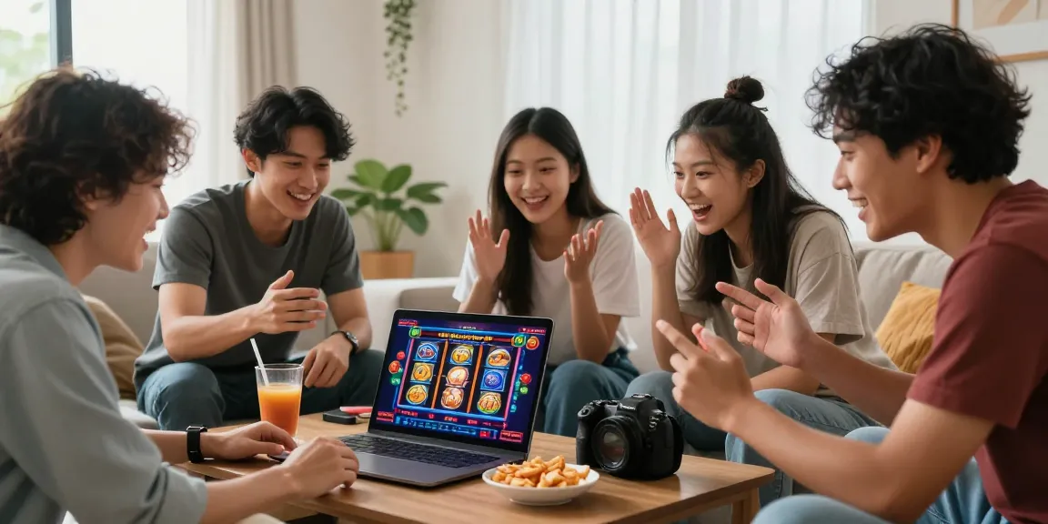 Friends enjoying an online gambling session on situs depo 5rb, celebrating low deposit slots.