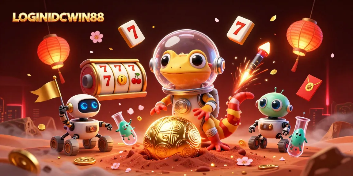 Engage in thrilling gameplay with LOGIN IDCWIN88, featuring a Martian gecko exploring a vibrant casino scene.