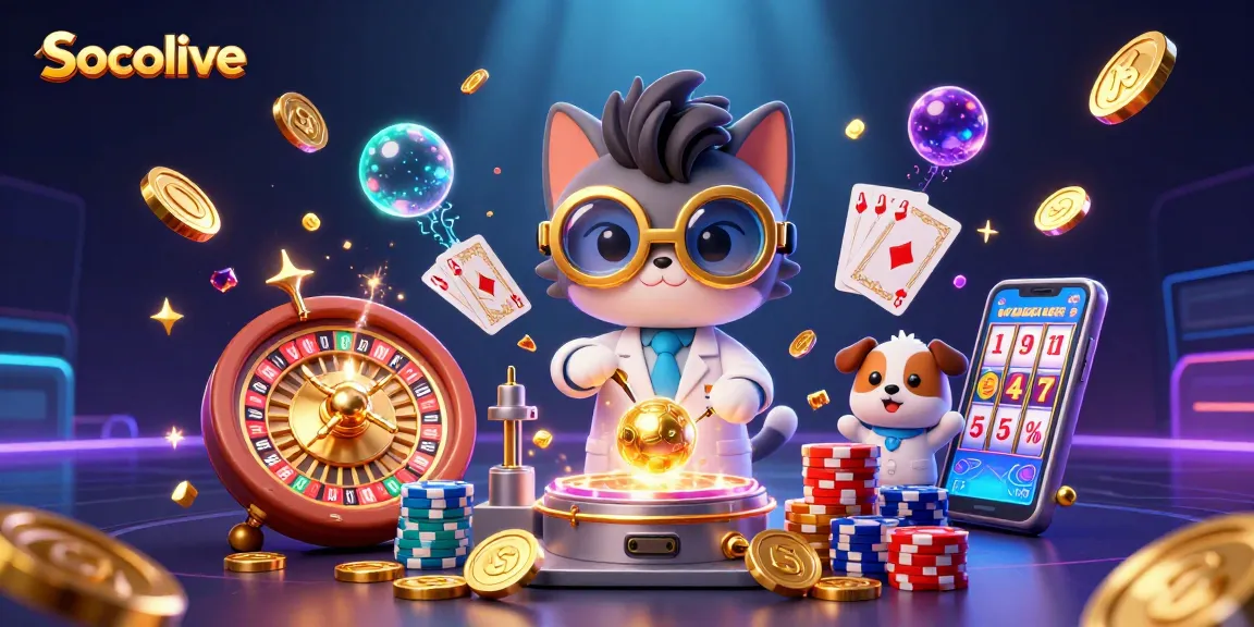 Experience Socolive's thrilling casino atmosphere with mad scientist cat and lab assistant in a vibrant 3D scene.