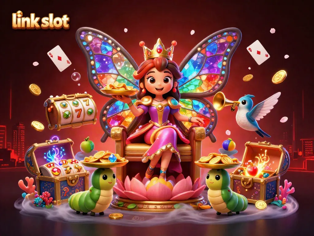 Memenangkan link slot dengan karakter animasi dan simbol permainan kasino di latar belakang yang menarik.