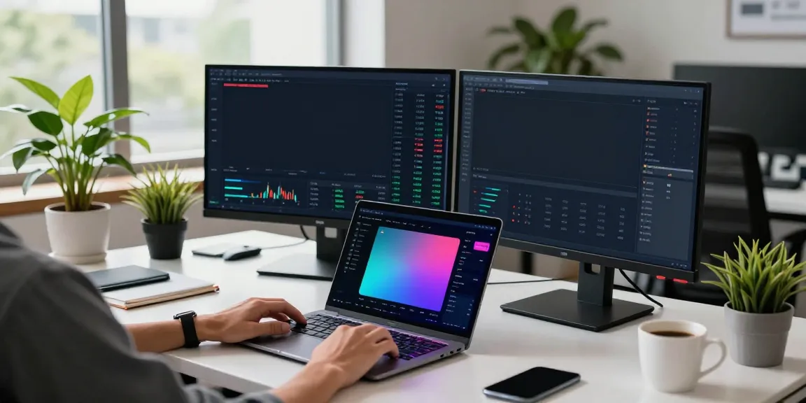 Stock market data REST API with real-time trading dashboard and digital wallet in a modern office.
