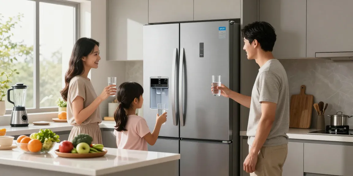 Family enjoying clean water from the Waterdrop Plus UKF7003 Replacement for Maytag® UKF7003 in a modern kitchen.