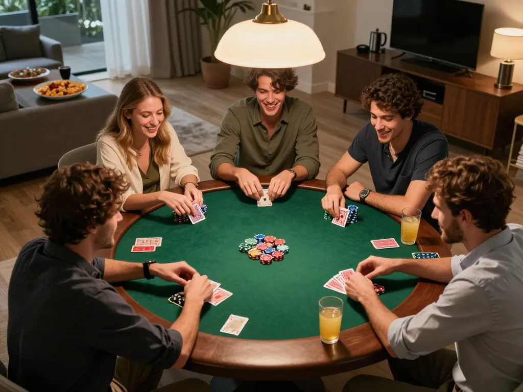 Players enjoying a lively home poker game with friends at 68gamebaivn, cards and chips in action.