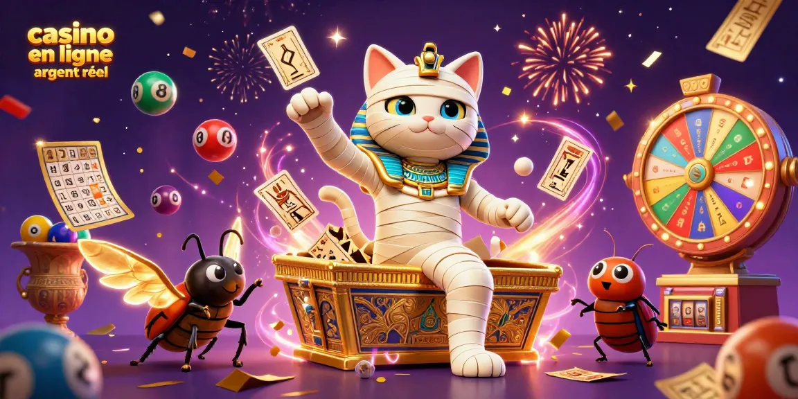 Le jeu en ligne argent réel avec un chat momie égyptien au casino, brillant d'énergie magique.