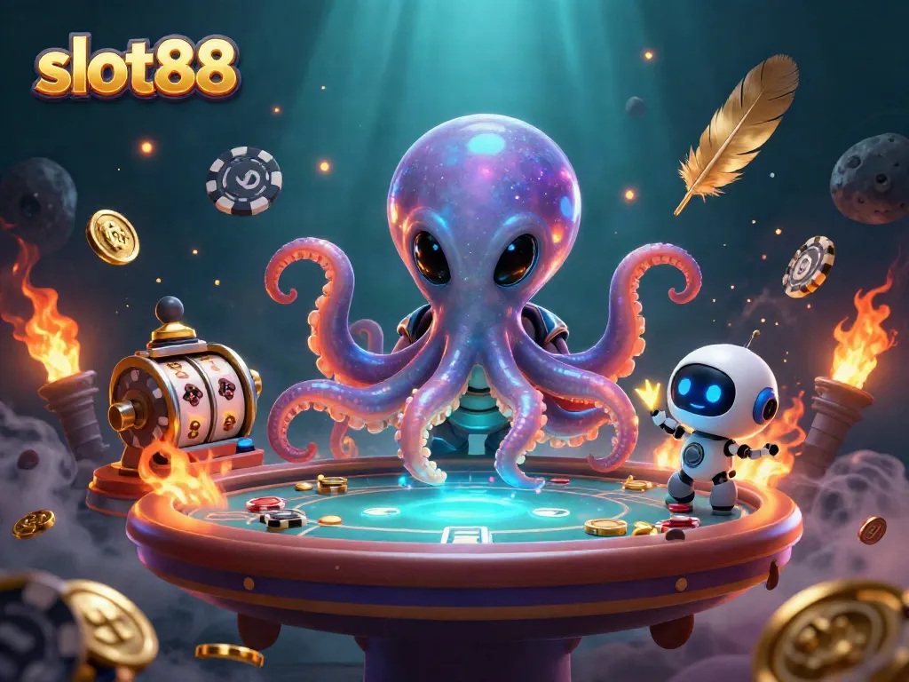 Spin and win exciting jackpots with slot88 in this dynamic 3D illustration featuring a game table.