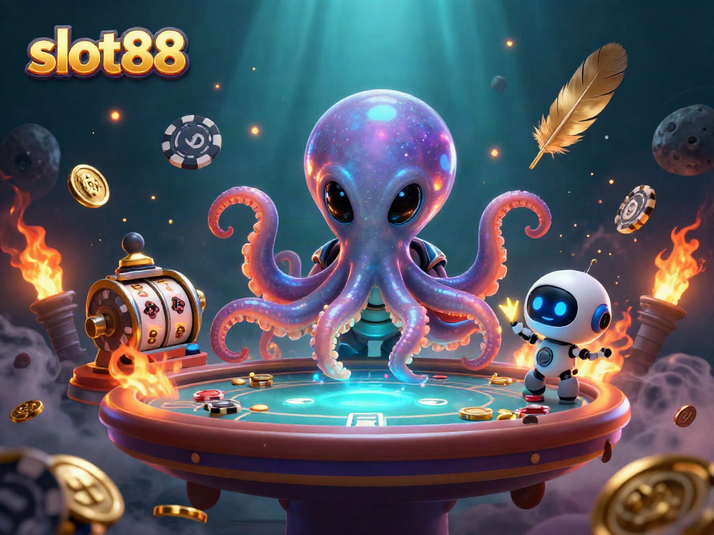 Spin and win exciting jackpots with slot88 in this dynamic 3D illustration featuring a game table.