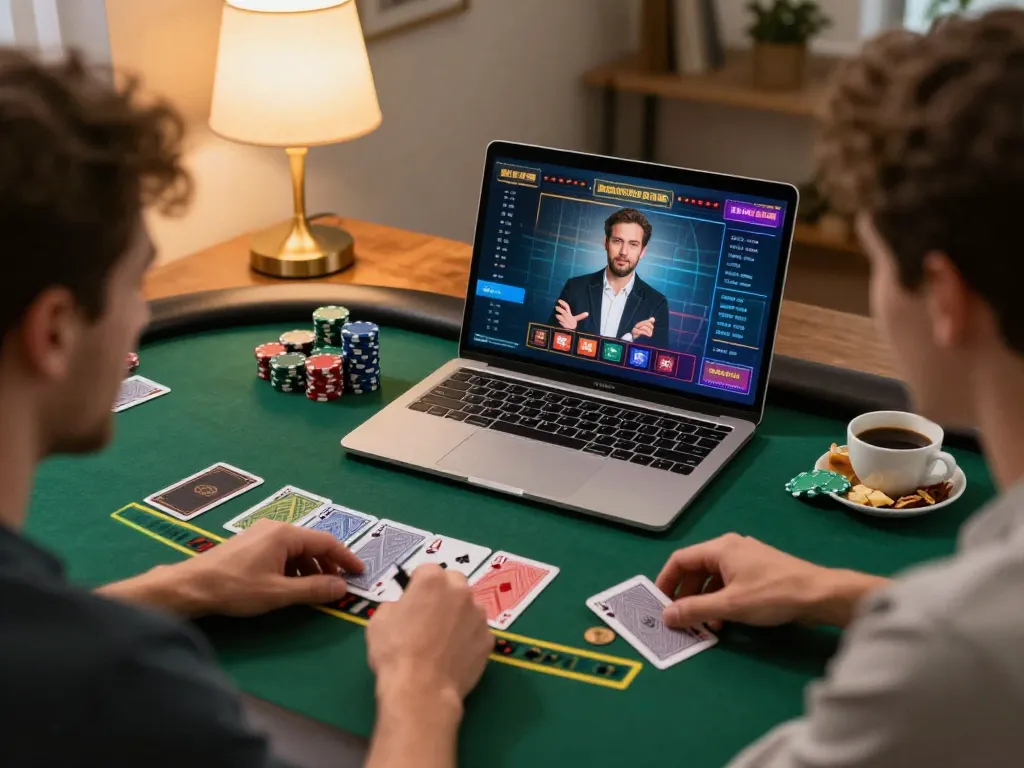 Playing online blackjack on a laptop while engaging with 789win link mới in a cozy home setting.