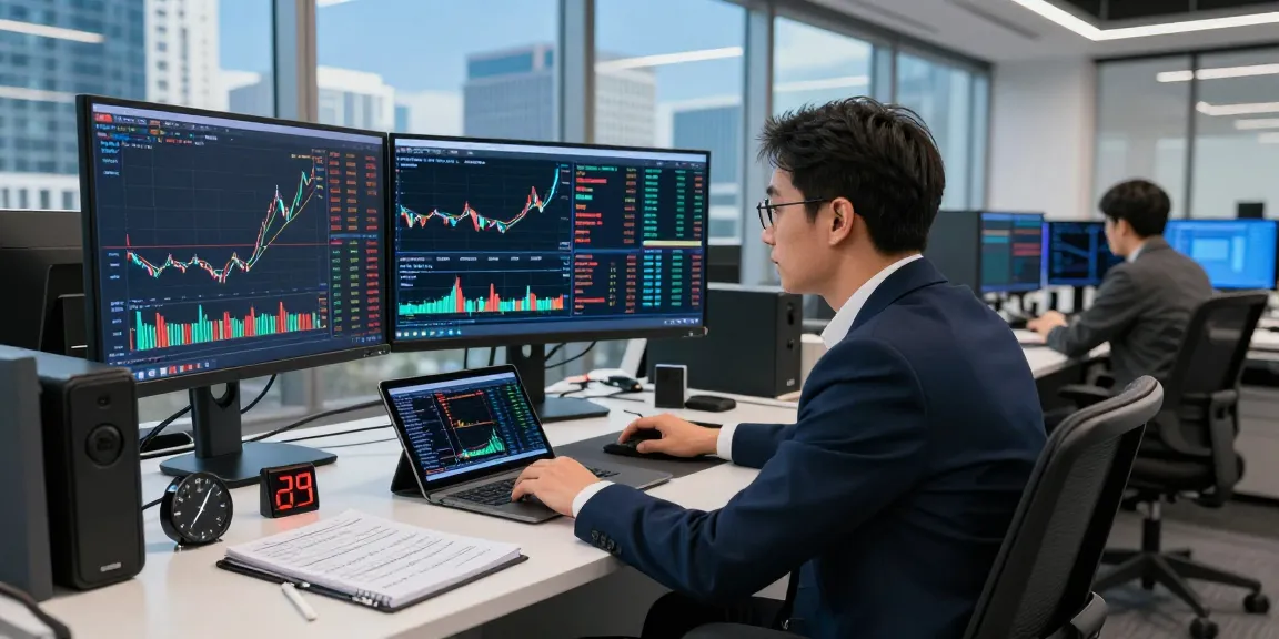 NAGA2000 trading setup with multiple screens in a modern office.