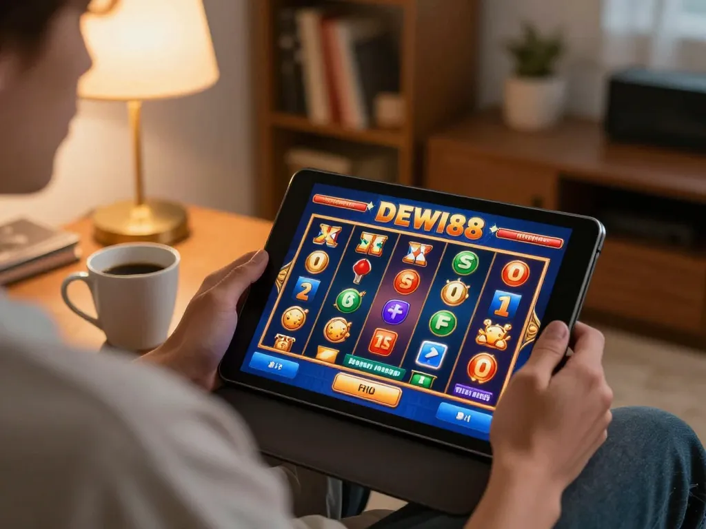 Pemain menikmati permainan slot DEWI88 di tablet di rumah, menekankan perjudian yang bertanggung jawab.