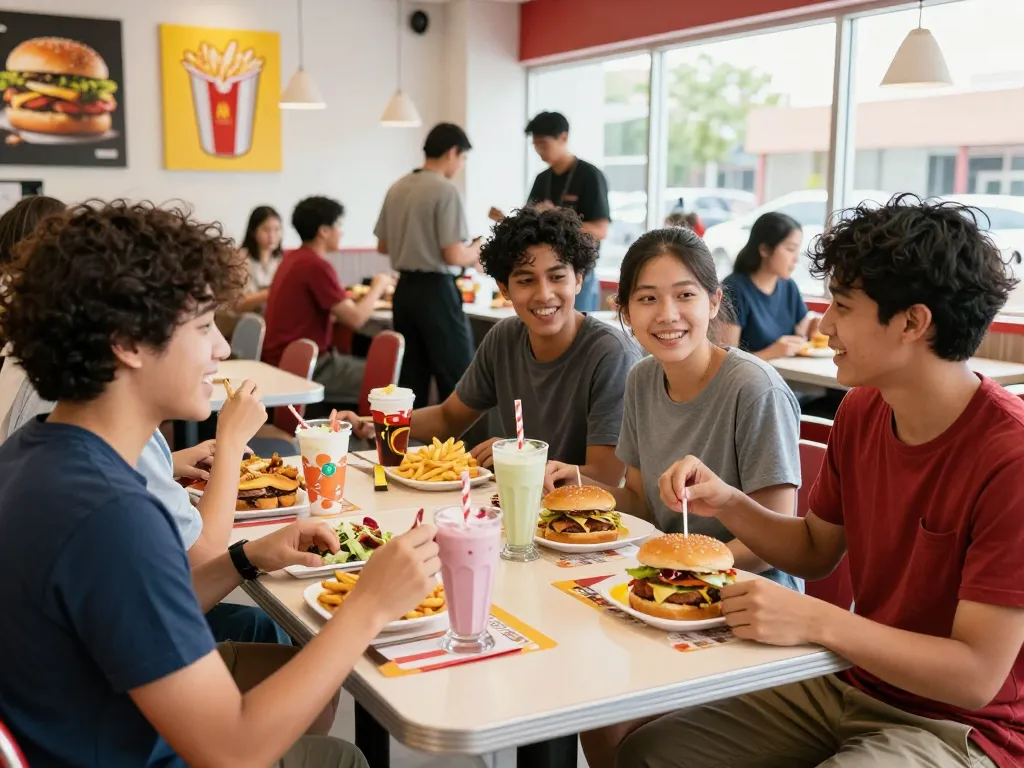 Fast food menu items served in a lively restaurant with friends enjoying their meal.