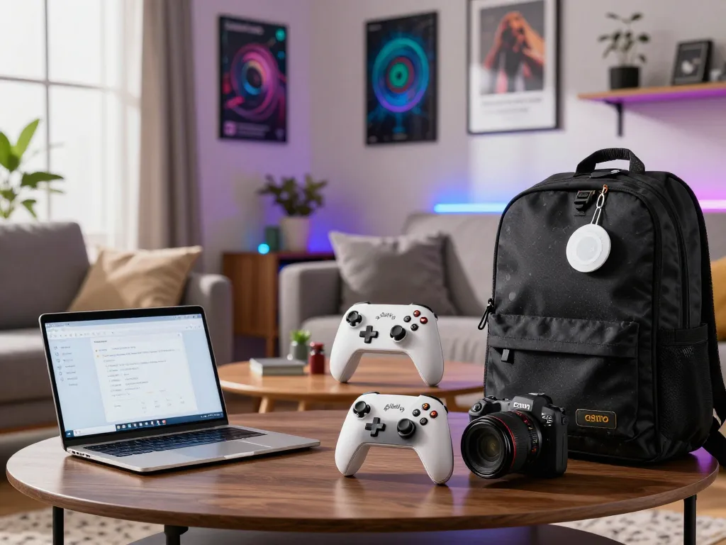 Showcasing unique tech gadgets in a modern living room, including Bluetooth controllers, transmitters, and trackers.