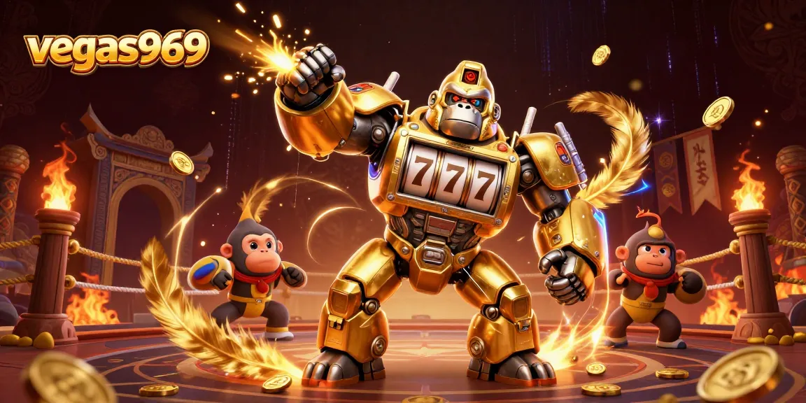Experience the thrill of vegas969 with a dynamic 3D golden gorilla mech and vibrant casino elements.
