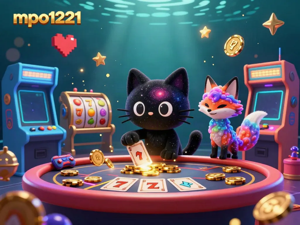 Engage with mpo1221 at a vibrant cosmic casino where a black hole cat spins golden chips and slots.