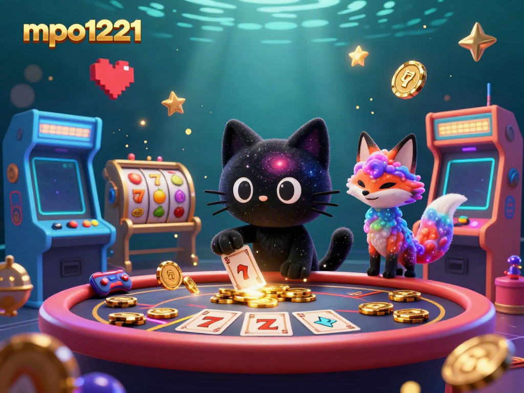 Engage with mpo1221 at a vibrant cosmic casino where a black hole cat spins golden chips and slots.