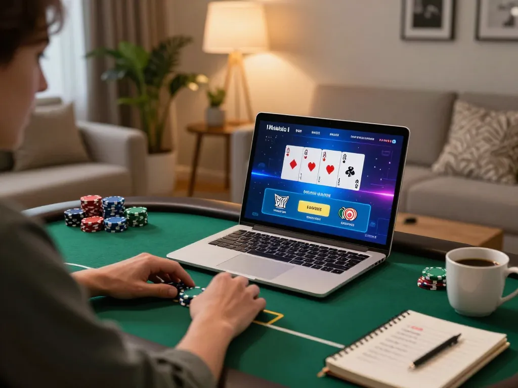 Engaging in online poker action with 388bet on a laptop, showcasing strategic gameplay and cozy home setting.