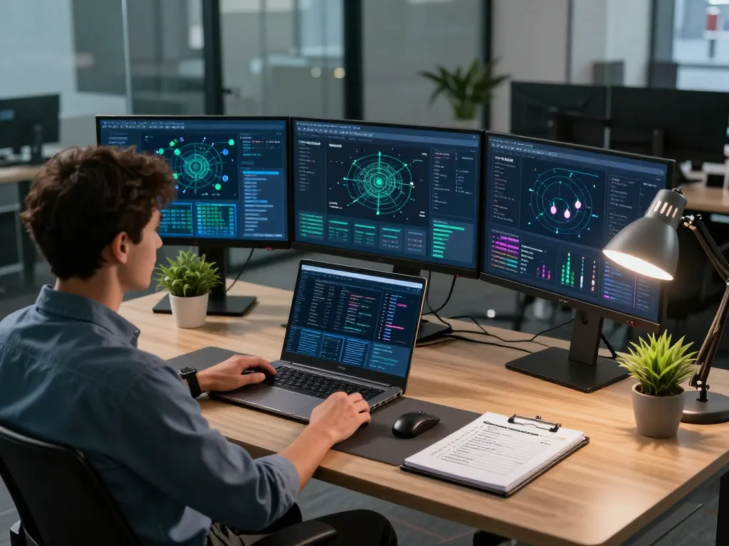 Cybersecurity analyst addressing security challenges with multiple monitors in a modern office.