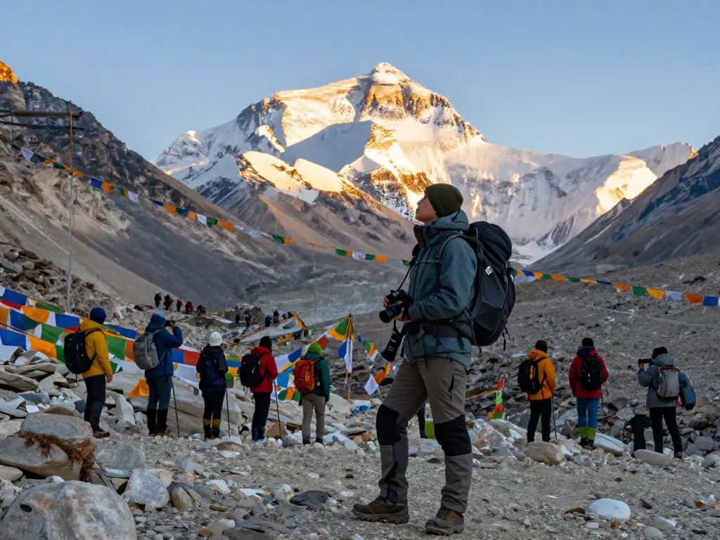 Everest Base Camp trekker enjoying stunning views of Mount Everest at golden hour during 2026 adventure