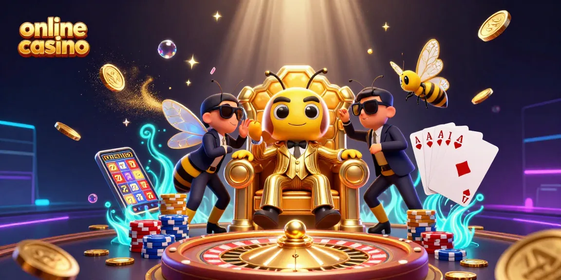Spin and win at this online casino, featuring a cartoon bee boss amidst gold coins and vibrant games.