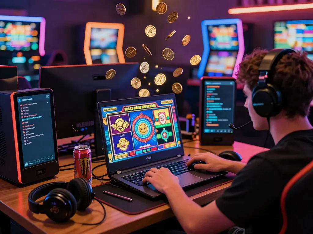 Permainan slot777 yang mengasyikkan dengan mesin slot online yang banyak menang, dikelilingi oleh koin virtual dan lampu neon.