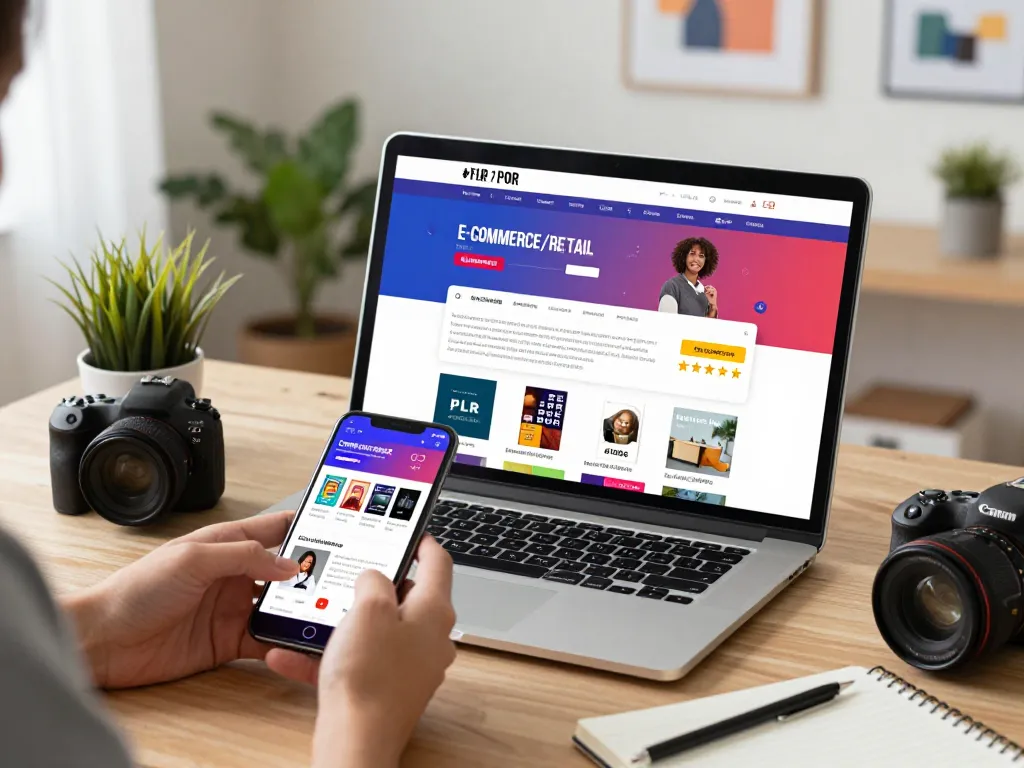 Buy PLR Products Online with a user-friendly digital marketplace displayed on a laptop in a cozy home office.