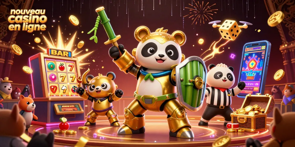 Illustration dynamique d'un nouveau casino en ligne avec un panda doré pilotant un robot, entouré de jeux de casino animés.