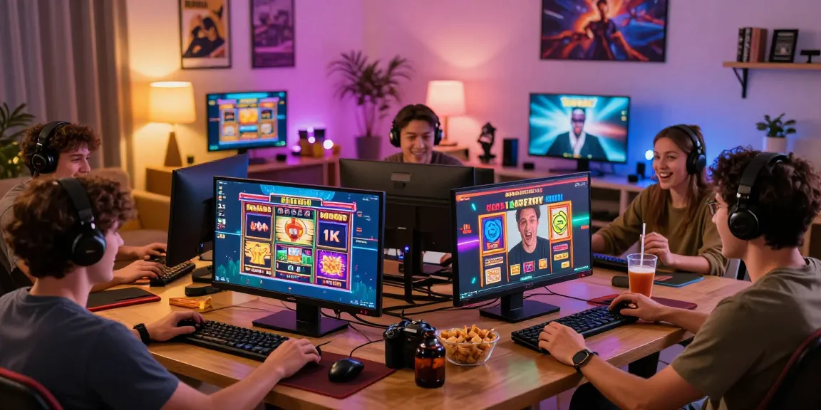 Exciting online gaming scene showing friends enjoying slot depo 1k games on various devices in a cozy living room.