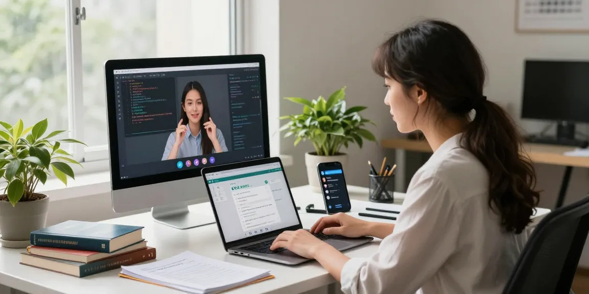 A young woman using the 纸飞机中文版 messaging app in a modern office, engaging in a video call.