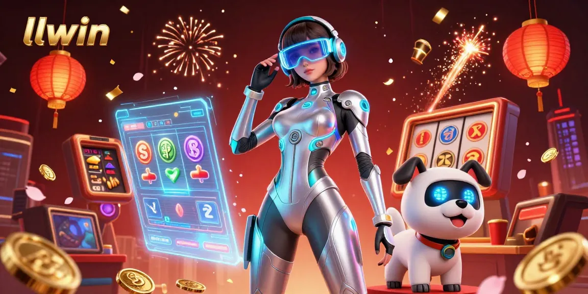 Engage with llwin's vibrant casino experience, featuring a 3D woman and robot dog amidst dynamic slot symbols and glowing lanterns.