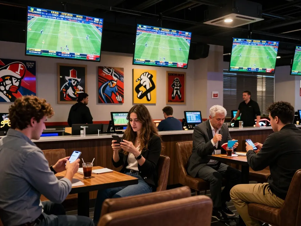 O8 sports betting patrons analyzing odds in a modern lounge during live matches.