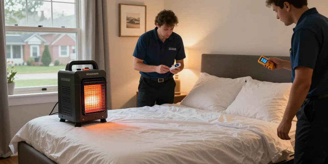 Bed bug heat treatment in a Milwaukee bedroom, exterminator using specialized equipment